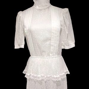 1980s Vintage Dawn Joy White Swiss Dot Dress with Lace Trim, Peplum